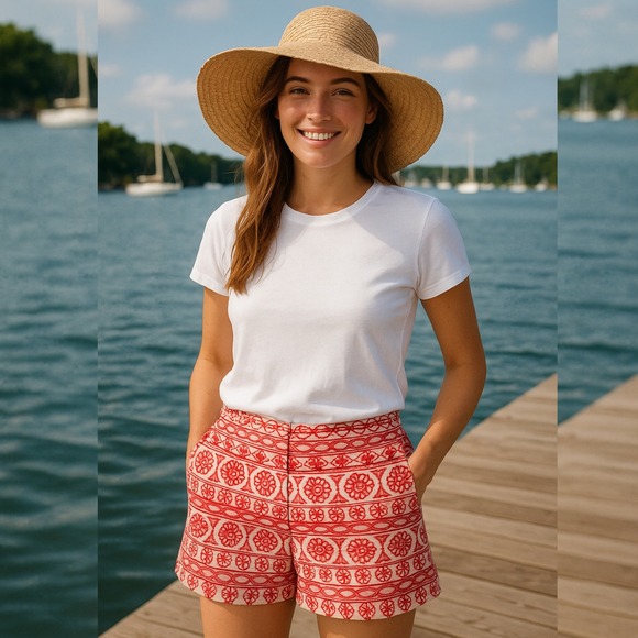 Ann Taylor LOFT Pants - Ann Taylor LOFT Red Embroidered Pattern Shorts Size 2 Coastal‎ Boho